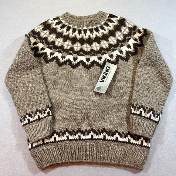 Viking Sweaters - VTG Viking Icelandic Wool Sweater Women’s Large Cream Brown Fair Isle Hand Knit
